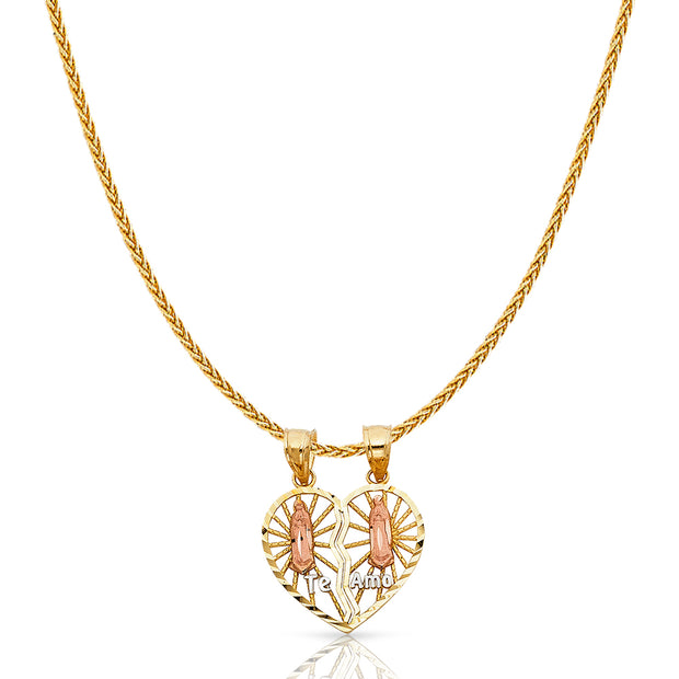 14K Gold Guadalupe Broken Heart Te Amo Charm Pendant with 1.1mm Wheat Chain Necklace