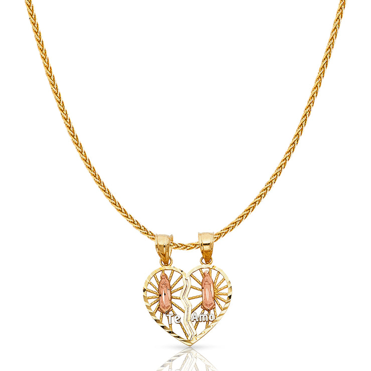 14K Gold Guadalupe Broken Heart Te Amo Charm Pendant with 1.1mm Wheat Chain Necklace