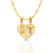 14K Gold Guadalupe Jesus Broken Heart Te Amo Pendant with 2mm Figaro 3+1 Chain