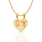 14K Gold Guadalupe Jesus Broken Heart Te Amo Pendant with 1.5mm Flat Open Wheat Chain