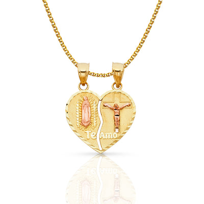 14K Gold Guadalupe Jesus Broken Heart Te Amo Pendant with 1.5mm Flat Open Wheat Chain