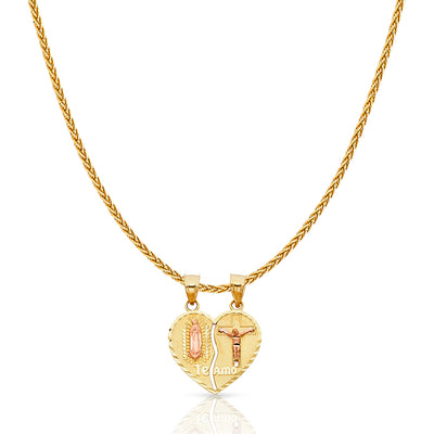14K Gold Guadalupe Jesus Broken Heart Te Amo Charm Pendant with 1.1mm Wheat Chain Necklace