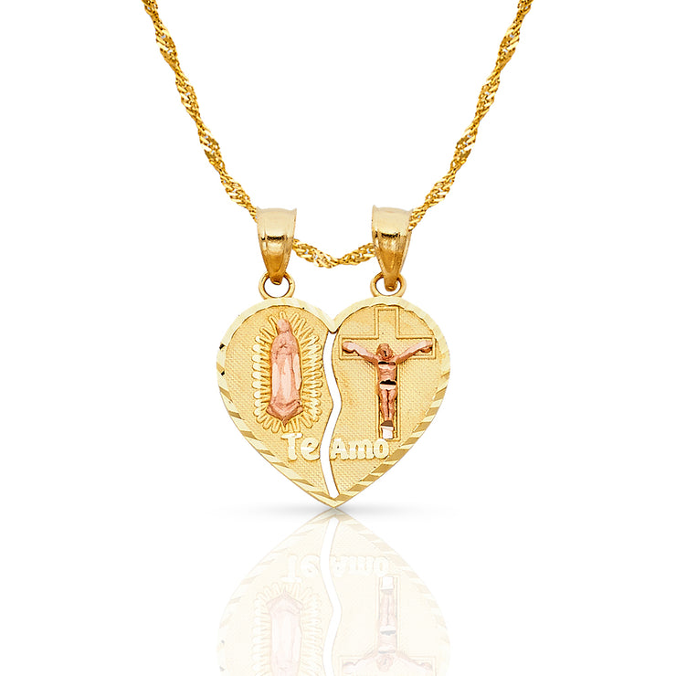 14K Gold Guadalupe Jesus Broken Heart Te Amo Pendant with 1.2mm Singapore Chain