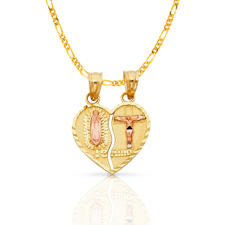 14K Gold Guadalupe Jesus Broken Heart Te Amo Pendant with 2mm Figaro 3+1 Chain