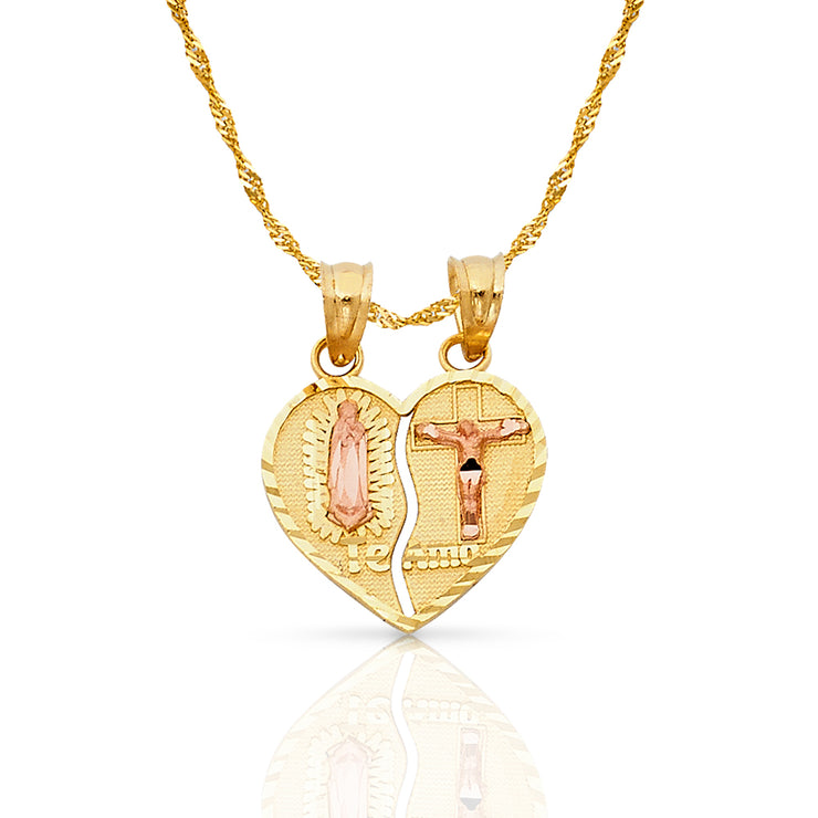 14K Gold Guadalupe Jesus Broken Heart Te Amo Pendant with 0.9mm Singapore Chain