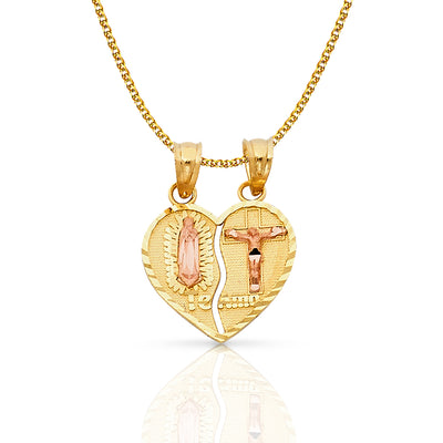 14K Gold Guadalupe Jesus Broken Heart Te Amo Pendant with 1.2mm Flat Open Wheat Chain