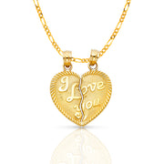 14K Gold 'I Love You' Couple Broken Heart Pendant with 2.3mm Figaro 3+1 Chain