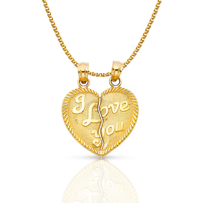 14K Gold 'I Love You' Couple Broken Heart Pendant with 1.5mm Flat Open Wheat Chain