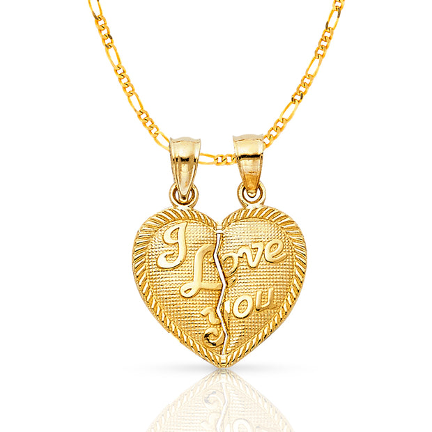 14K Gold Small 'I Love You' Couple Broken Heart Pendant with 2mm Figaro 3+1 Chain
