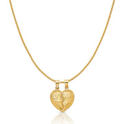 14K Gold Small 'I Love You' Couple Broken Heart Charm Pendant with 0.9mm Wheat Chain Necklace