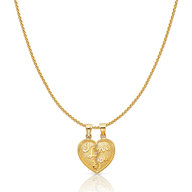 14K Gold Small 'I Love You' Couple Broken Heart Charm Pendant with 0.9mm Wheat Chain Necklace