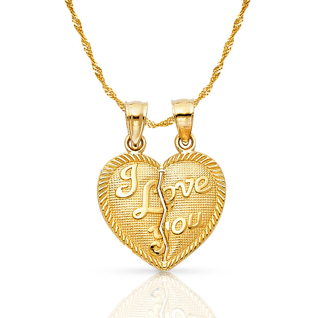 14K Gold Small 'I Love You' Couple Broken Heart Pendant with 0.9mm Singapore Chain