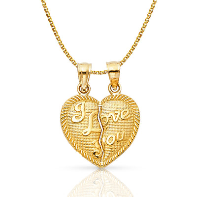 14K Gold Small 'I Love You' Couple Broken Heart Pendant with 1.2mm Flat Open Wheat Chain