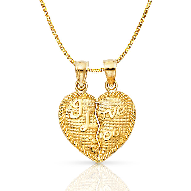 14K Gold Small 'I Love You' Couple Broken Heart Pendant with 1.2mm Flat Open Wheat Chain