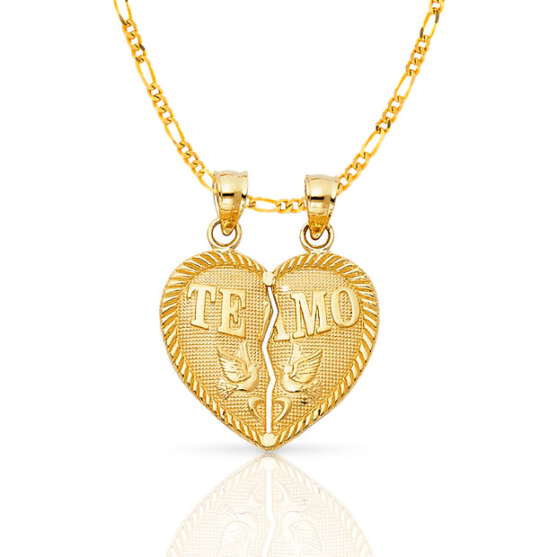 14K Gold 'Te Amo' Couple Broken Heart Pendant with 2.3mm Figaro 3+1 Chain