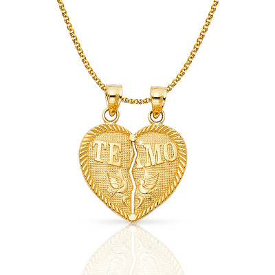 14K Gold 'Te Amo' Couple Broken Heart Pendant with 1.5mm Flat Open Wheat Chain