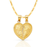 14K Gold Small 'Te Amo' Couple Broken Heart Pendant with 2mm Figaro 3+1 Chain