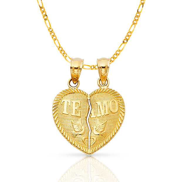 14K Gold Small 'Te Amo' Couple Broken Heart Pendant with 2mm Figaro 3+1 Chain