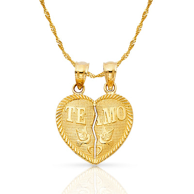 14K Gold Small 'Te Amo' Couple Broken Heart Pendant with 0.9mm Singapore Chain