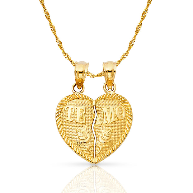 14K Gold Small 'Te Amo' Couple Broken Heart Pendant with 0.9mm Singapore Chain