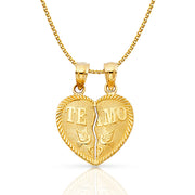 14K Gold Small 'Te Amo' Couple Broken Heart Pendant with 1.2mm Flat Open Wheat Chain