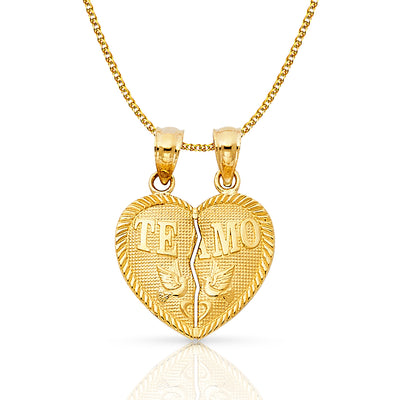 14K Gold Small 'Te Amo' Couple Broken Heart Pendant with 1.2mm Flat Open Wheat Chain