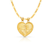 14K Gold 'BEST FRIENDS' Broken Heart Pendant with 2.3mm Figaro 3+1 Chain