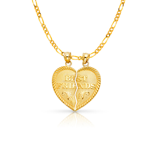 14K Gold 'BEST FRIENDS' Broken Heart Pendant with 2.3mm Figaro 3+1 Chain