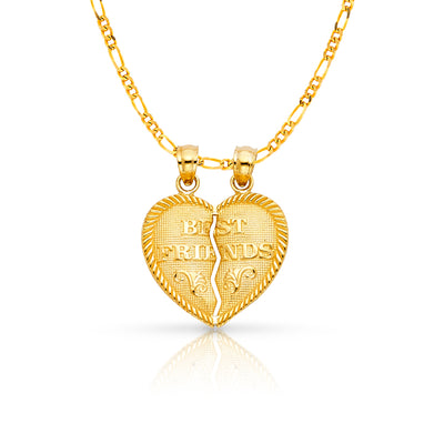 14K Gold 'BEST FRIENDS' Broken Heart Small Pendant with 2.3mm Figaro 3+1 Chain