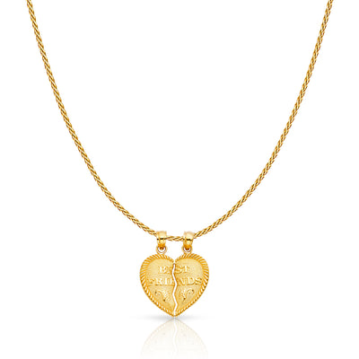 14K Gold 'BEST FRIENDS' Broken Heart Small Charm Pendant with 0.9mm Wheat Chain Necklace