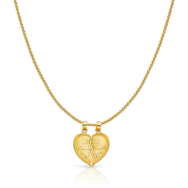 14K Gold 'BEST FRIENDS' Broken Heart Small Charm Pendant with 0.9mm Wheat Chain Necklace