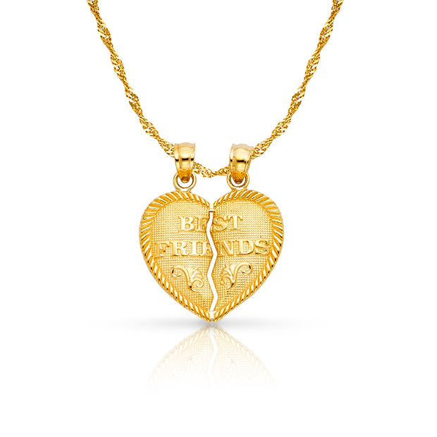 14K Gold 'BEST FRIENDS' Broken Heart Small Pendant with 1.2mm Singapore Chain