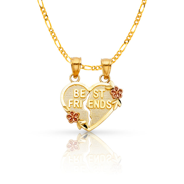 14K Gold 'BEST FRIENDS' Broken Heart Pendant with 2mm Figaro 3+1 Chain