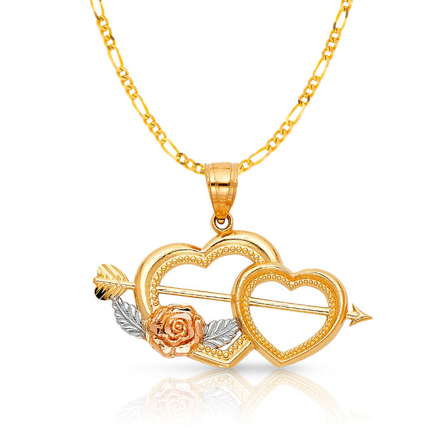 14K Gold Heart With Cupid Arrow Pendant with 2mm Figaro 3+1 Chain