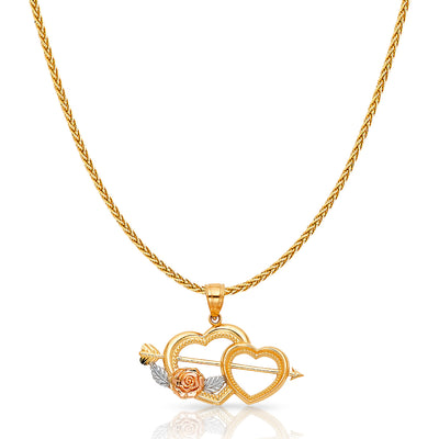 14K Gold Double Heart With Cupid Arrow Charm Pendant with 1.1mm Wheat Chain Necklace