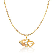 14K Gold Double Heart With Cupid Arrow Charm Pendant with 1.2mm Box Chain Necklace