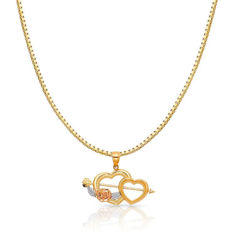 14K Gold Double Heart With Cupid Arrow Charm Pendant with 1.2mm Box Chain Necklace