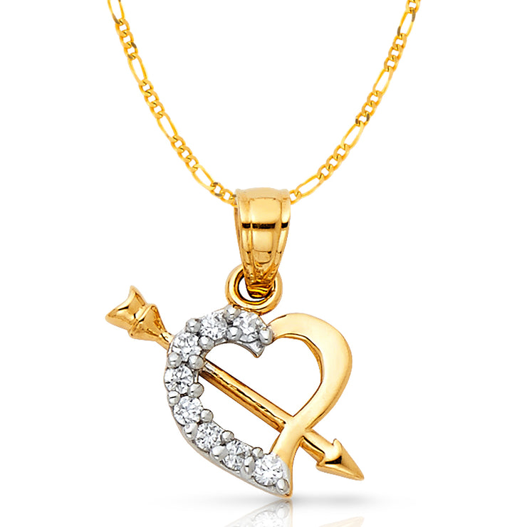 14K Gold CZ Heart With Cupid Arrow Pendant with 1.6mm Figaro 3+1 Chain