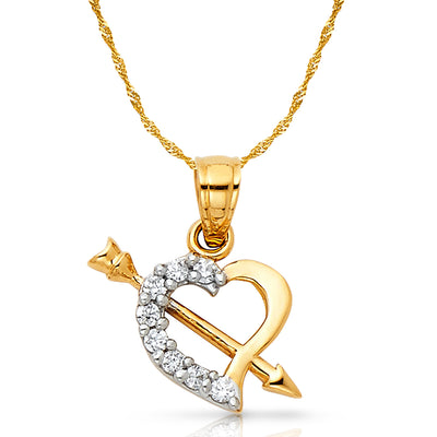 14K Gold CZ Heart With Cupid Arrow Pendant with 0.9mm Singapore Chain