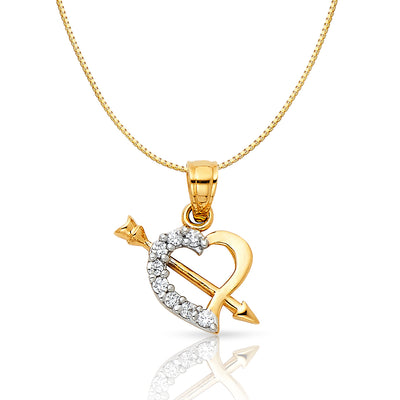 14K Gold CZ Heart With Cupid Arrow Charm Pendant with 0.8mm Box Chain Necklace