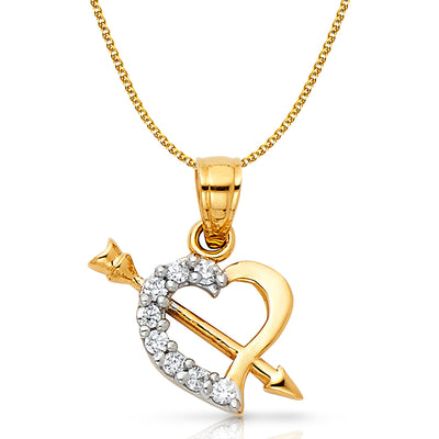 14K Gold CZ Heart With Cupid Arrow Pendant with 1.2mm Flat Open Wheat Chain