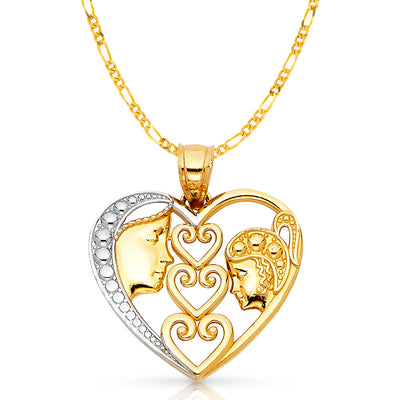 14K Gold Heart Mom & Daughter Pendant with 2.3mm Figaro 3+1 Chain