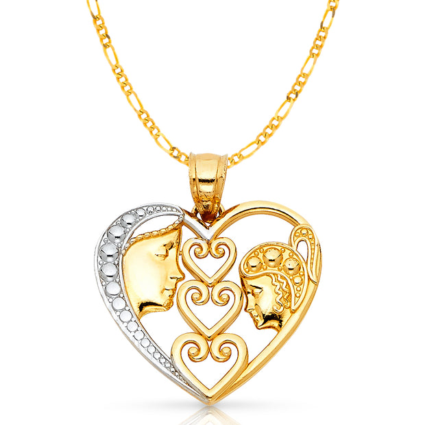 14K Gold Heart Mom & Daughter Pendant with 2.3mm Figaro 3+1 Chain