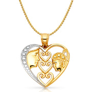 14K Gold Heart Mom & Daughter Pendant with 1.5mm Flat Open Wheat Chain