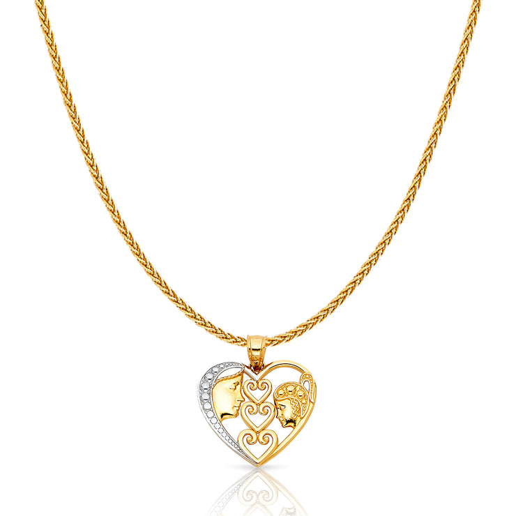 14K Gold Heart Mom & Daughter Charm Pendant with 1.1mm Wheat Chain Necklace