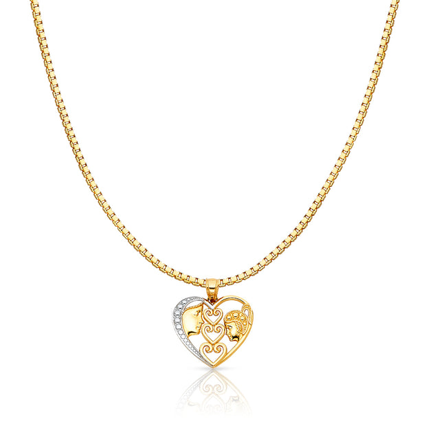 14K Gold Heart Mom & Daughter Charm Pendant with 1.2mm Box Chain Necklace
