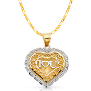 14K Gold Love you Heart Pendant with 2.3mm Figaro 3+1 Chain