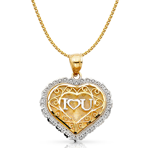 14K Gold Love you Heart Pendant with 1.5mm Flat Open Wheat Chain