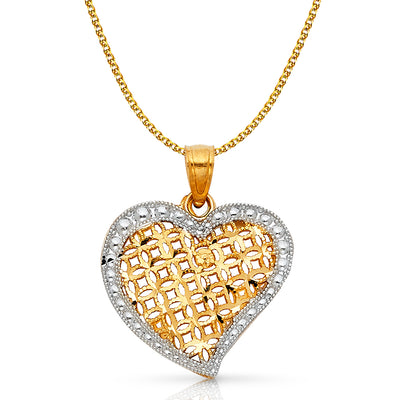 14K Gold Heart Pendant with 1.2mm Flat Open Wheat Chain