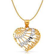 14K Gold Heart Pendant with 1.5mm Flat Open Wheat Chain